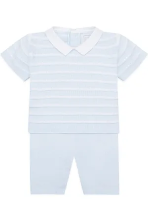 Emile et Rose Blue Knitted 2pc With Ridge Striped 100% Cotton Top & Plain Shorts Set 12 Months (80 cm)