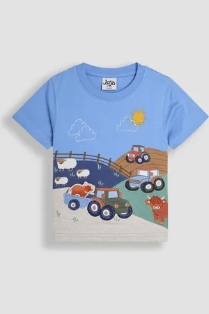 JoJo Maman Bébé Blue Farm Scene Interactive Appliqué 100% Cotton T-Shirt 5