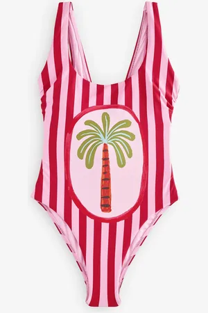 Eleanor Bowmer Pink/Red Stripe Palm Tummy Control Swimsuit AU 18