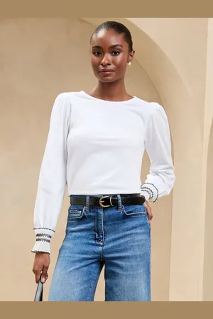 Lipsy London White Long Puff Sleeve Trim Cuff Detail Top AU 16
