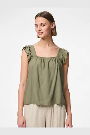 Pieces® Green Linen Blend Frill Sleeve Vest Top AU 12