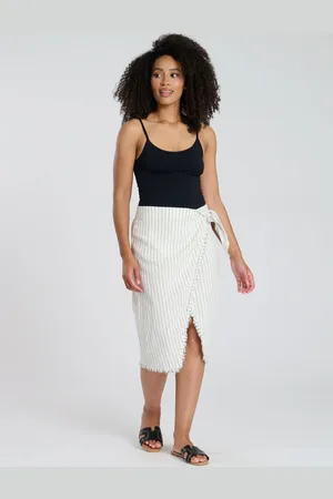 South Beach Stripe Linen Blend Fringe Wrap Skirt AU 10