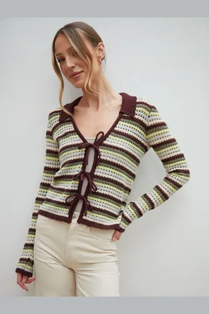 Threadbare Green Stripe Collared Tie Front Crochet Knit Cardigan AU 14