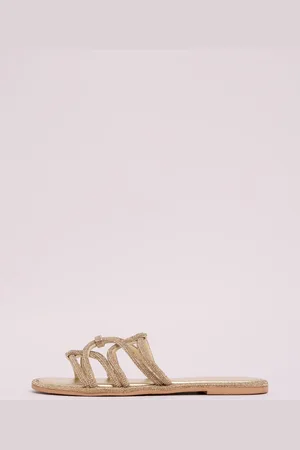 Lipsy London Gold Flat Embellished Knot Slider Mule Real Leather Sandals AU 9 (EU 40)