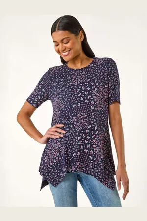 Roman Purple Floral Print Hanky Hem Tunic Top AU 18