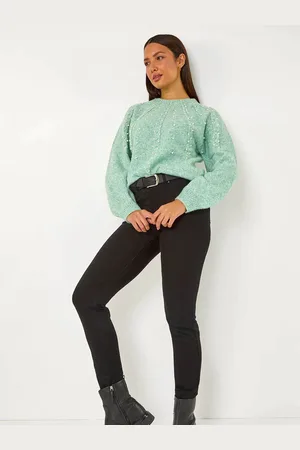 Roman Light Blue Pearl Embellished Cable Knit Jumper AU 18