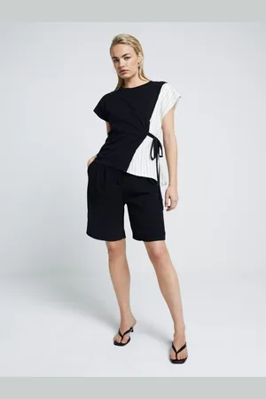 River Island Black Pleated Tie Side 100% Cotton T-Shirt AU 14