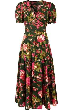 Joe Browns Vintage Floral V-Neck Puff Sleeve Midi 100% Cotton Dress AU 12