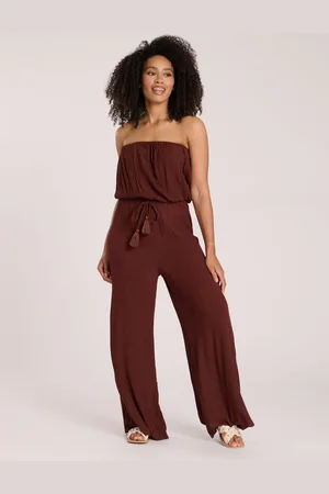 South Beach Brown Crinkle Viscose Sheer Strapless Jumpsuit AU 10