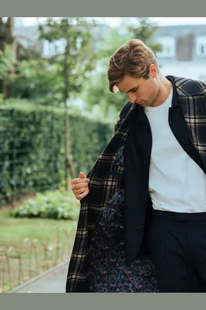 Harry Brown Blue Jacob Fashion Wool Coat with Check Print 40