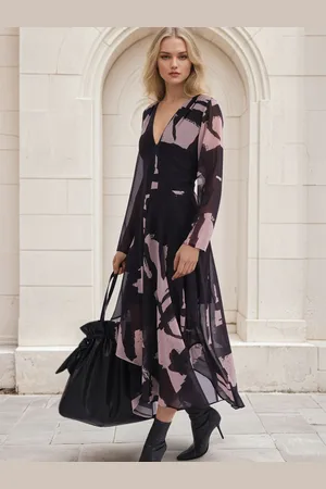 Religion Infinity Long Sleeve Midi Dress With Handkerchief Hem In Hand Painted Prints AU 6