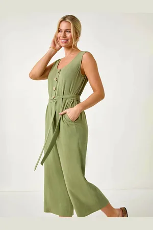 Roman Green Petite Linen Button Front Jumpsuit AU 14