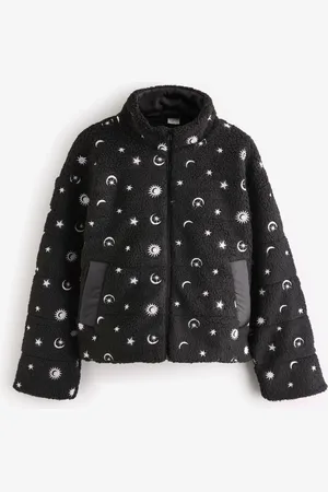 Skinnydip Black Sherpa Cropped Jacket with Embroidery L