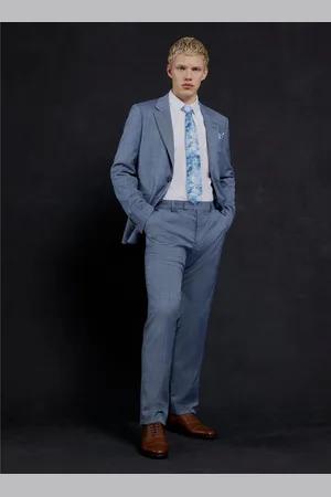River Island Blue Check 100% Cotton Suit Trousers 34W x 31L (UK 34 R)