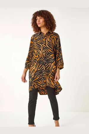 Roman Brown Animal Print V-Neck Longline Blouse AU 10