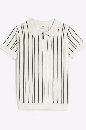 River Island Boys Ecru Vertical Stripe 100% Cotton Polo Shirt 7