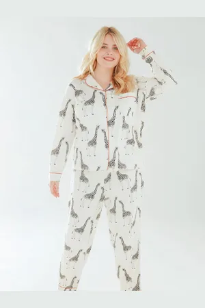 Chelsea Peers Cream Curve Giraffe Button Up Long Pyjama Set AU 28
