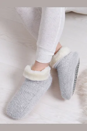 Totes Grey Ladies Knitted Texture Winter Bootie Slippers One