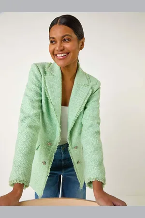 Roman Green Textured Frayed Edge Boucle Button Jacket AU 16