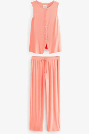 Next Fluro Pink Button Through Vest Pyjamas XS Reg
