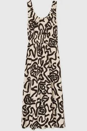 Reiss Akari Linen-Blend Printed Shirred Midi Dress AU 14