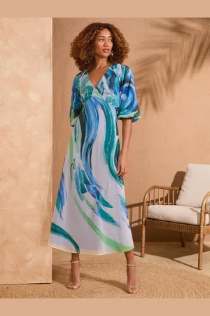 Love & Roses Petite Printed V-Neck Puff Sleeve Midi Dress AU 12