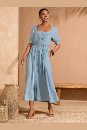 Love & Roses Square Neck Short Sleeve Belted Button Through Mid Dress 10