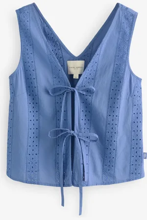 Laura Ashley Blue 100% Cotton Beach Tie Front Broderie Vest Top M