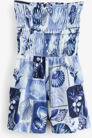 Next Blue Bandeau Shirred 100% Cotton Playsuit AU 4 Petite