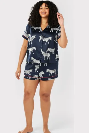 Chelsea Peers Blue Curve Satin Zebra Print Short Pyjama Set AU 22