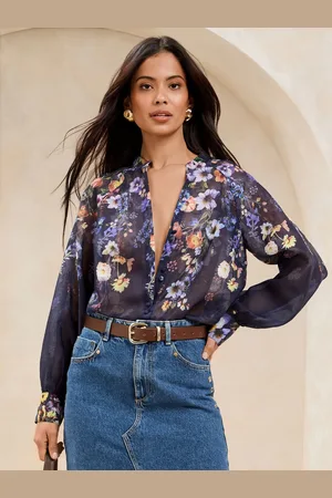Lipsy London Navy Floral Long Sleeve Grandad Blouse AU 18