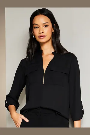 Lipsy London Black Zip Front Utility Pocket Blouse AU 12