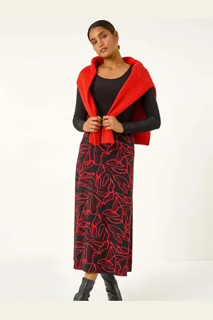 Roman Leaf Print Stretch A-Line Midi Skirt AU 12
