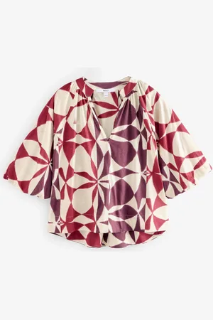 Next Red/Ecru Geo 100% Cotton Volume Sleeve V-Neck Blouse AU 18