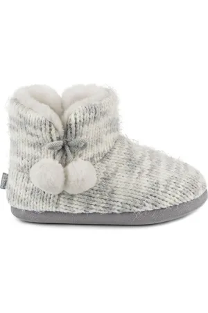 Totes Grey Ladies Knitted Boot Slippers with Pom Pom AU 7.5 (EU 38)