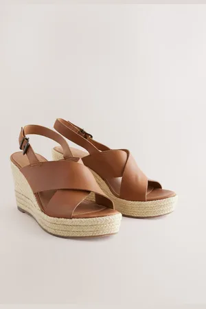 Next Tan Brown Standard/Wide Fit Forever Comfort Leather Round Toe Cross-Over Slingback Platform Wedges AU 8.5 (EU 40)