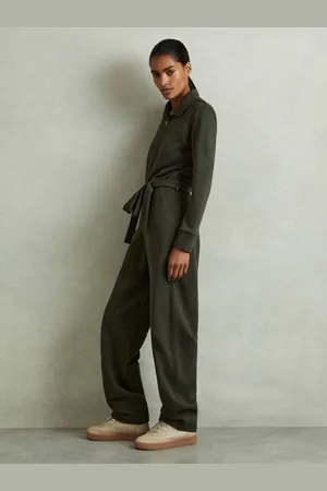 Reiss Khaki Nina Belted Loopback-Jersey Jumpsuit M