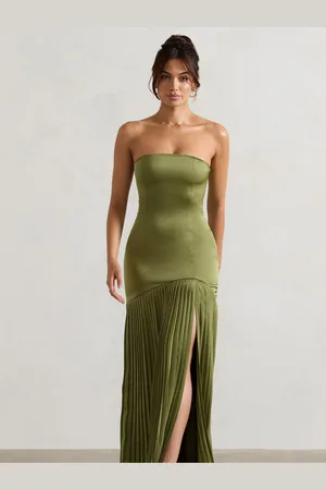Club L Confidence Satin Bandeau Pleated Split Maxi Dress AU 16
