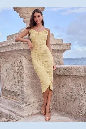 Lipsy London Mesh Ruffle Ruched Midi Bodycon Dress AU 16