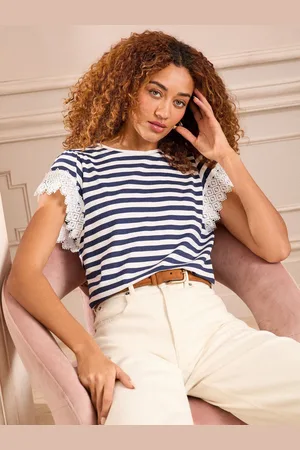 Love & Roses White and Navy Stripe Lace Sleeve T-Shirt AU 18