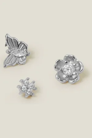 Accessorize Silver Tone Platinum-Plated Surgical Steel Flower Flatback Stud Earrings 3 Pack One