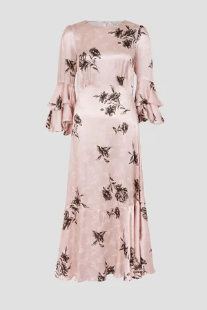 Monsoon Pelia Floral Print Satin Ruffle Midi Dress AU 14