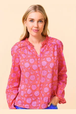 ASPIGA Pink Rosie Block Print 100% Organic Cotton Blouse small