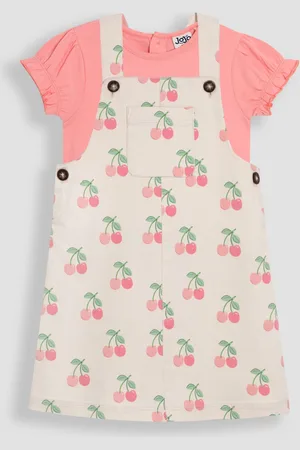 JoJo Maman Bébé Ecru Cherry 2-Piece Dungaree Dress & T-Shirt Set 5