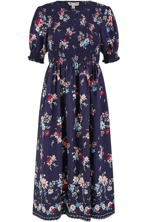 Yumi Floral Ruched Midi Dress With Puff Sleeves AU 14