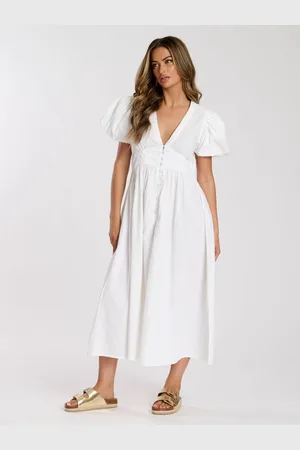 South Beach Puff Sleeve Button Detail 100% Cotton Midi Dress AU 12