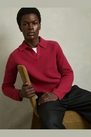 Reiss Kingston Rib Knit Open Collar Polo Shirt M