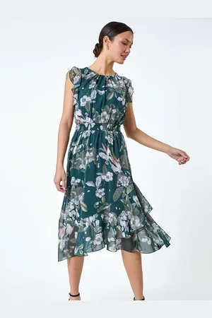 Roman Floral Print Frill Shirred Midi Dress AU 20