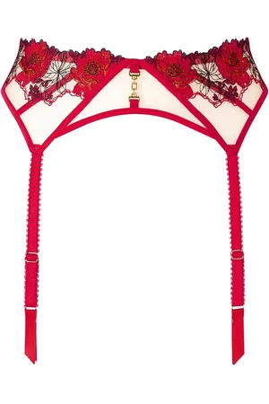 Ann Summers Red Caged Rose Floral Embroidery Suspender Belt S