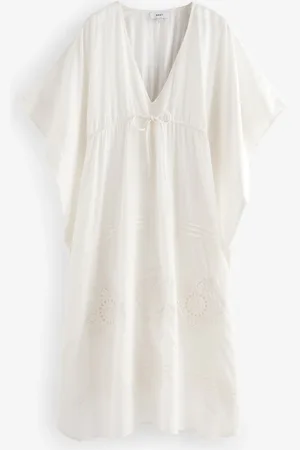 Next White Embroidered Maxi 100% Cotton Kaftan M Reg